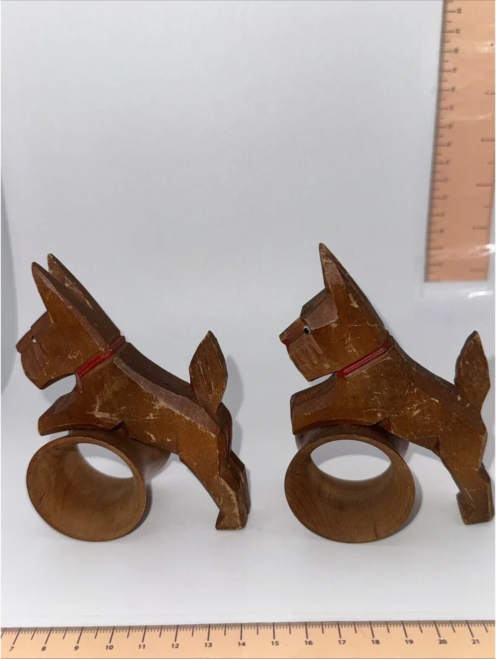 Vintage Pair Of Carved Wooden Scottie Dog Napkin Rings - Made In Germany